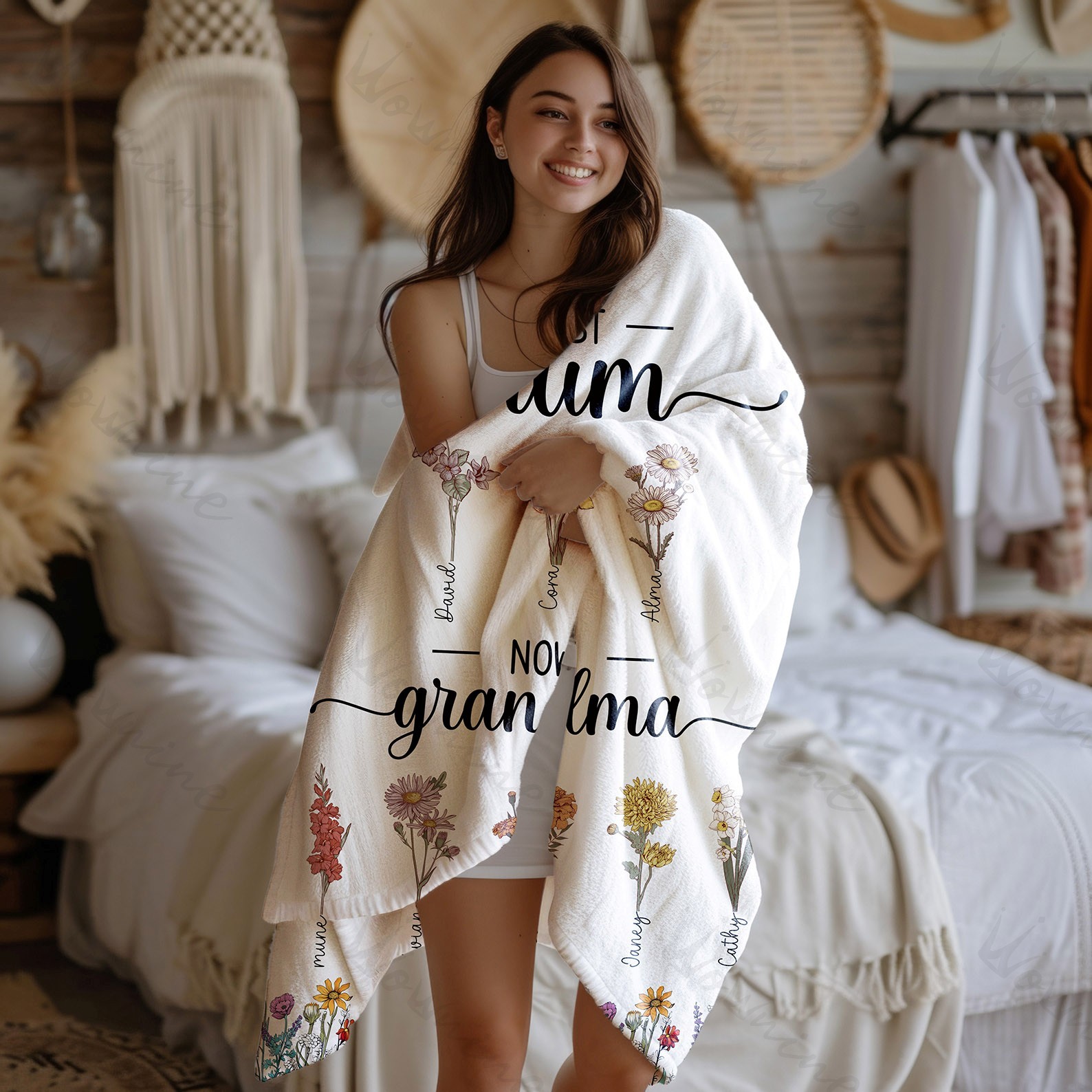 First Mom Now Grandma - Birth Flower Family Customized Blanket