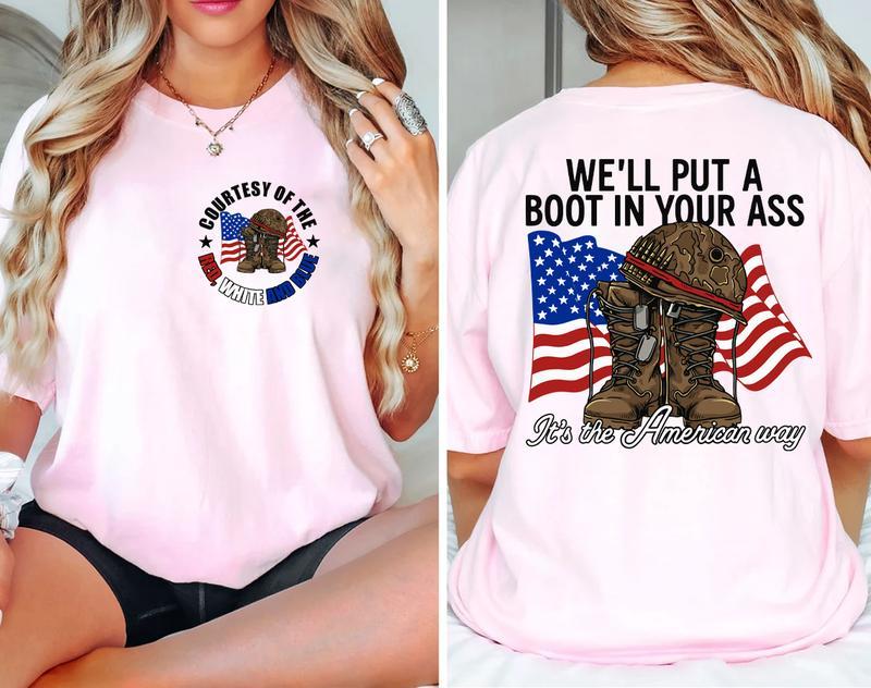 “Patriotic Military Pride” Pink American Boot Tee
