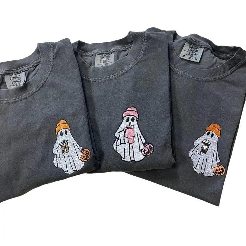 Embroidered Spooky Drink Pumpkin Halloween Crewneck Hoodie