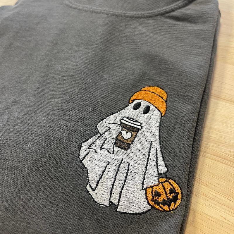 Embroidered Spooky Drink Pumpkin Halloween Crewneck Hoodie