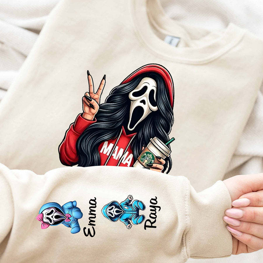 Custom Halloween Ghost Face MAMA Sweatshirt with Kid's Names/Pet's Names on the Sleeve