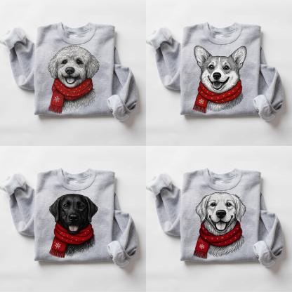 Custom Pet Portrait Christmas Sweatshirt - Personalized Dog/Cat Holiday Apparel with Red Scarf Design