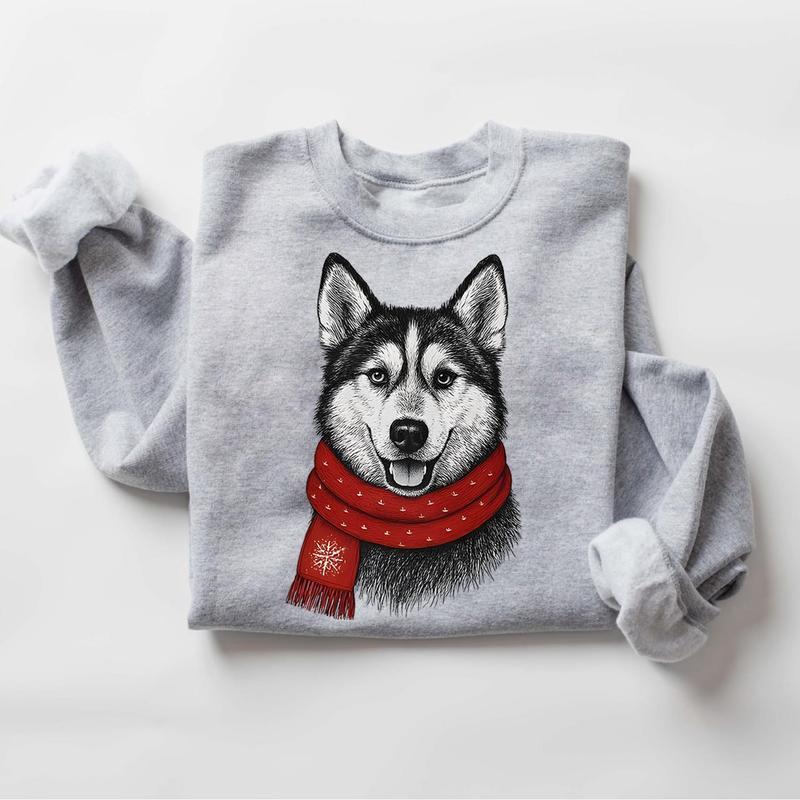 Custom Pet Portrait Christmas Sweatshirt - Personalized Dog/Cat Holiday Apparel with Red Scarf Design