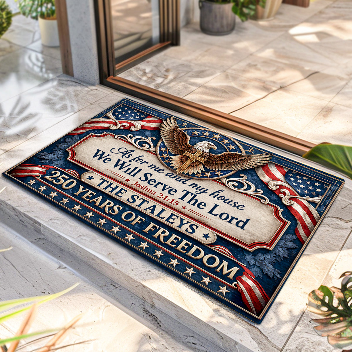 Personalized Patriotic Christian Doormat - "As For Me And My House We Will Serve The Lord" 250th American Freedom Faith Doormat