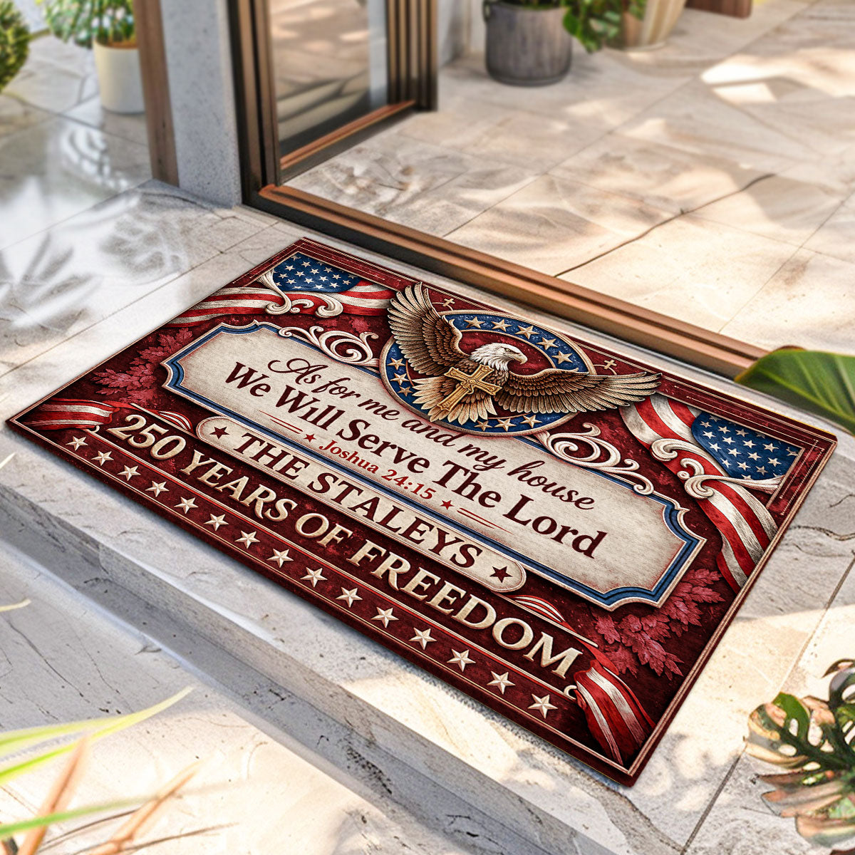 Personalized Patriotic Christian Doormat - "As For Me And My House We Will Serve The Lord" 250th American Freedom Faith Doormat