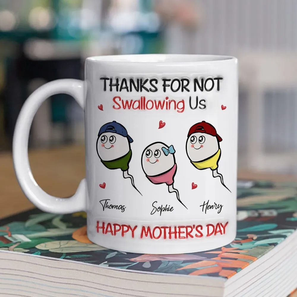 Personalized "Thanks For Not Swallowing Us" Funny Mother's Day Mug - Custom Kids Names Sperm Cartoon Coffee Cup
