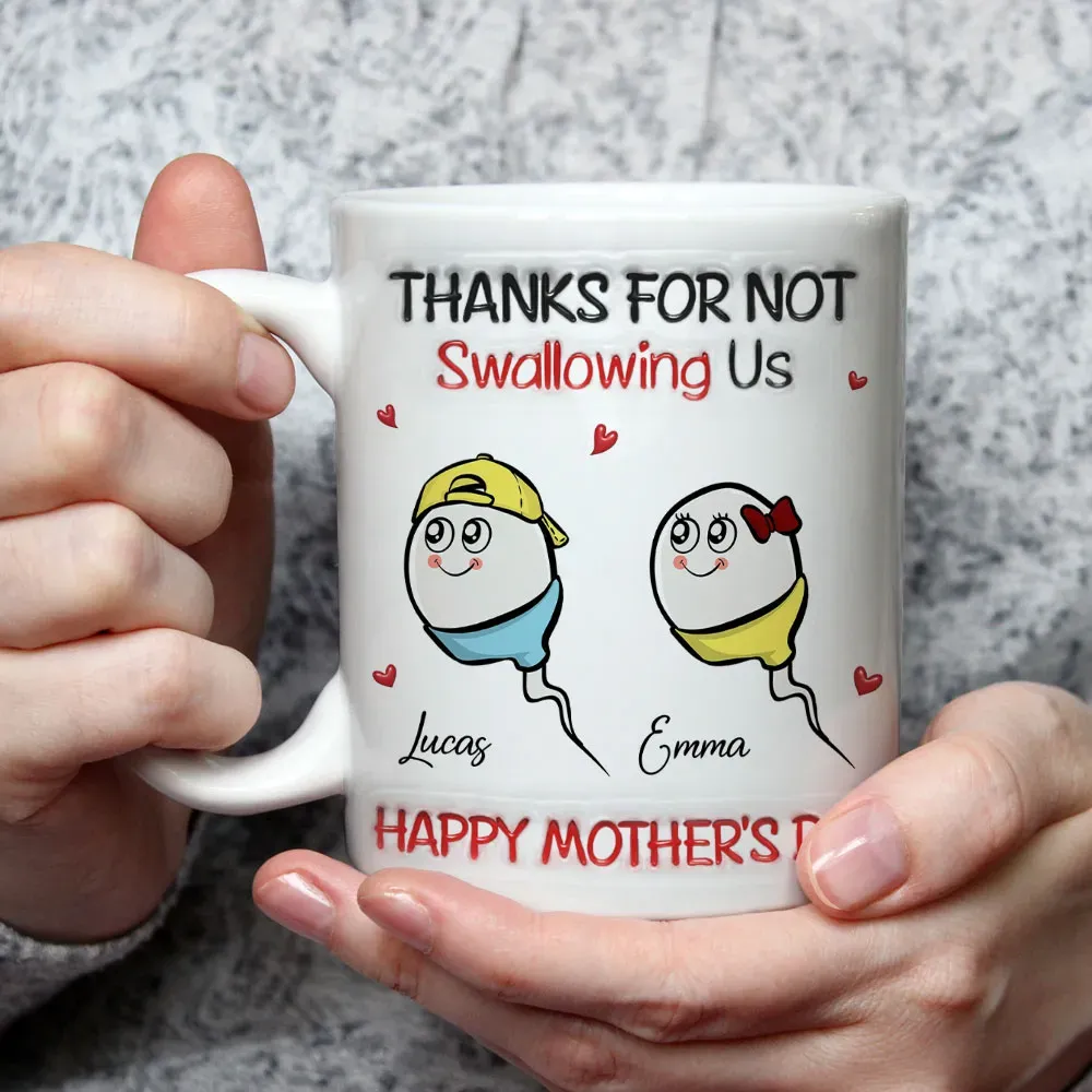 Personalized "Thanks For Not Swallowing Us" Funny Mother's Day Mug - Custom Kids Names Sperm Cartoon Coffee Cup