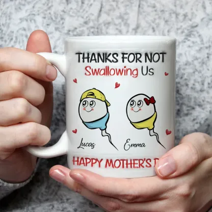 Personalized "Thanks For Not Swallowing Us" Funny Mother's Day Mug - Custom Kids Names Sperm Cartoon Coffee Cup