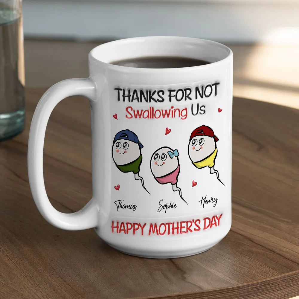 Personalized "Thanks For Not Swallowing Us" Funny Mother's Day Mug - Custom Kids Names Sperm Cartoon Coffee Cup