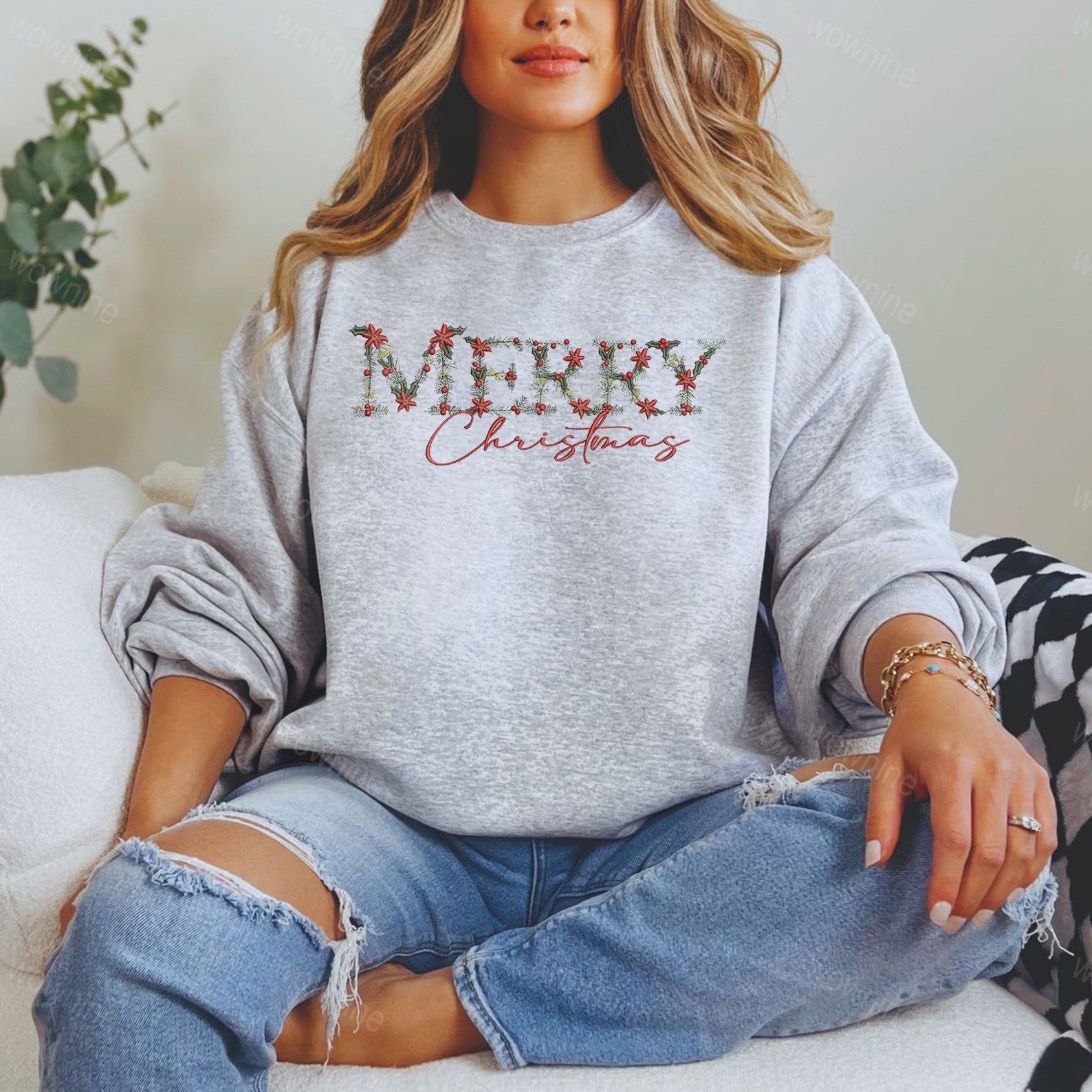 Embroidered Floral Merry Christmas Sweatshirt, Embroidered Christmas Crewneck Sweatshirt, Embroidered Floral Sweater