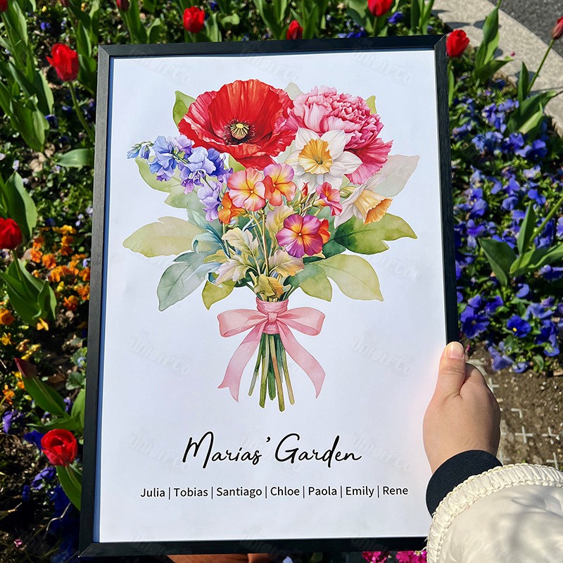 Birth Flower Family Bouquet Custom Names Frame