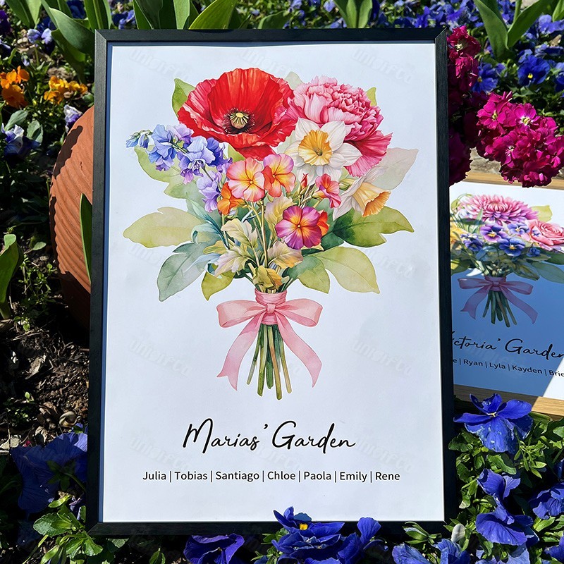 Birth Flower Family Bouquet Custom Names Frame