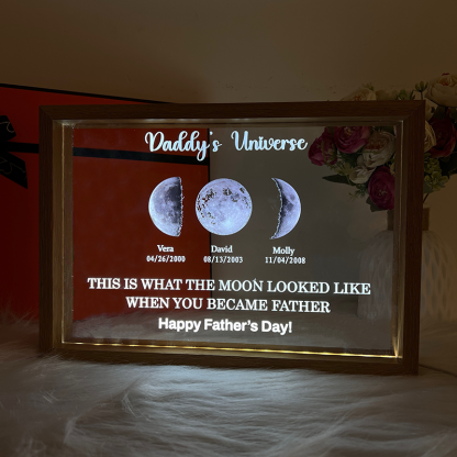 Led light frame with text and date - dad's universe