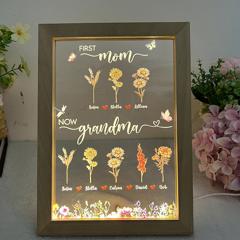 First Mom Now Grandma - Birth Flower Family Customized Light LED Frame