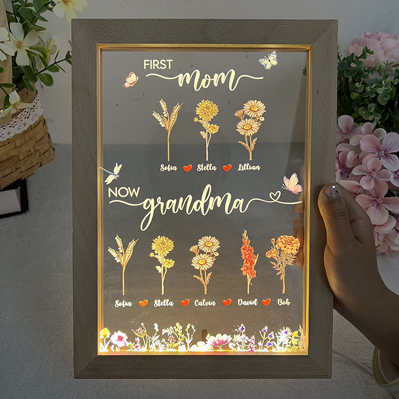 First Mom Now Grandma - Birth Flower Family Customized Light LED Frame