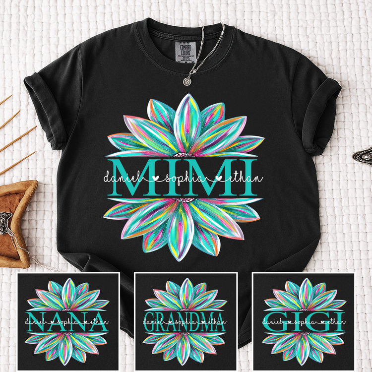 Personalized Colorful Flower Mimi T-Shirt – Custom Grandkids Name Gift Tee