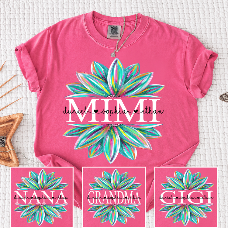 Personalized Colorful Flower Mimi T-Shirt – Custom Grandkids Name Gift Tee