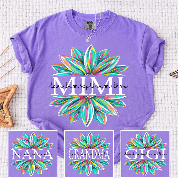 Personalized Colorful Flower Mimi T-Shirt – Custom Grandkids Name Gift Tee