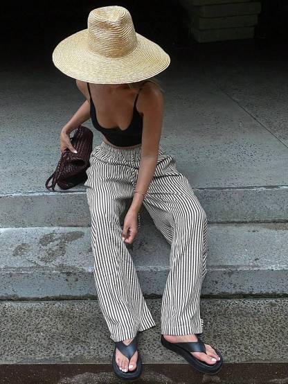 Striped Drawstring Wide - Leg Casual Pants