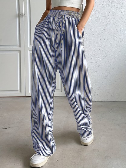 Striped Drawstring Wide - Leg Casual Pants