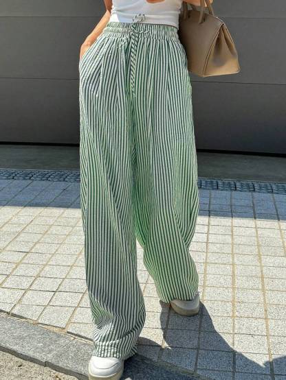 Striped Drawstring Wide - Leg Casual Pants