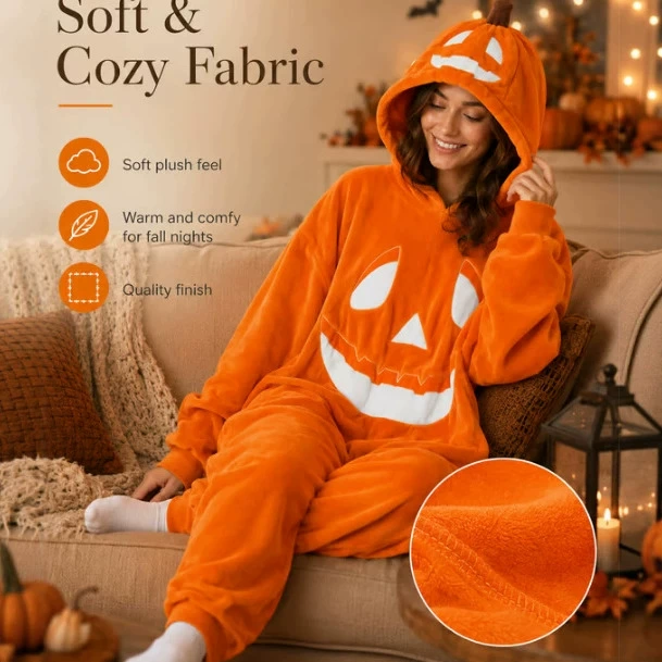Cozy Pumpkin Hooded Onesie – Plush Halloween Jumpsuit