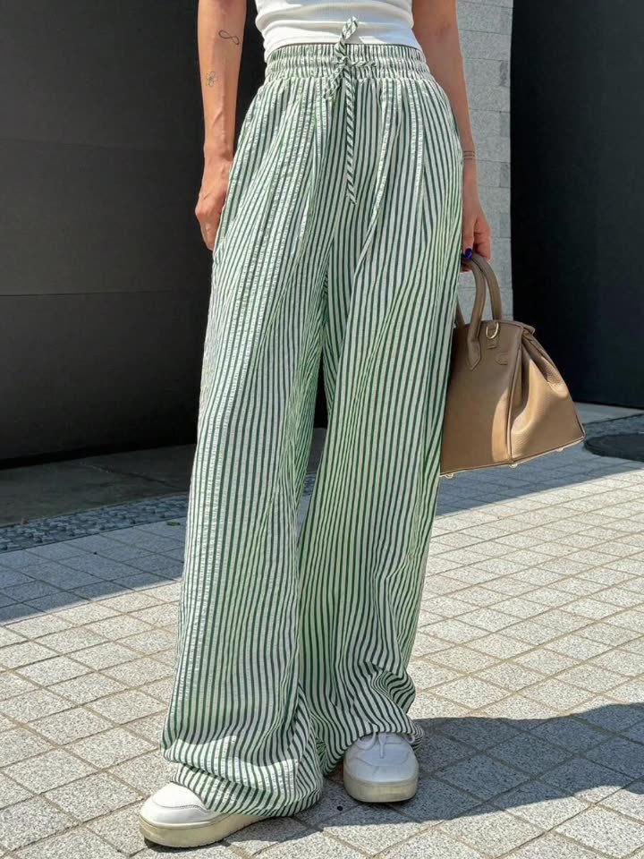 Striped Drawstring Wide - Leg Casual Pants