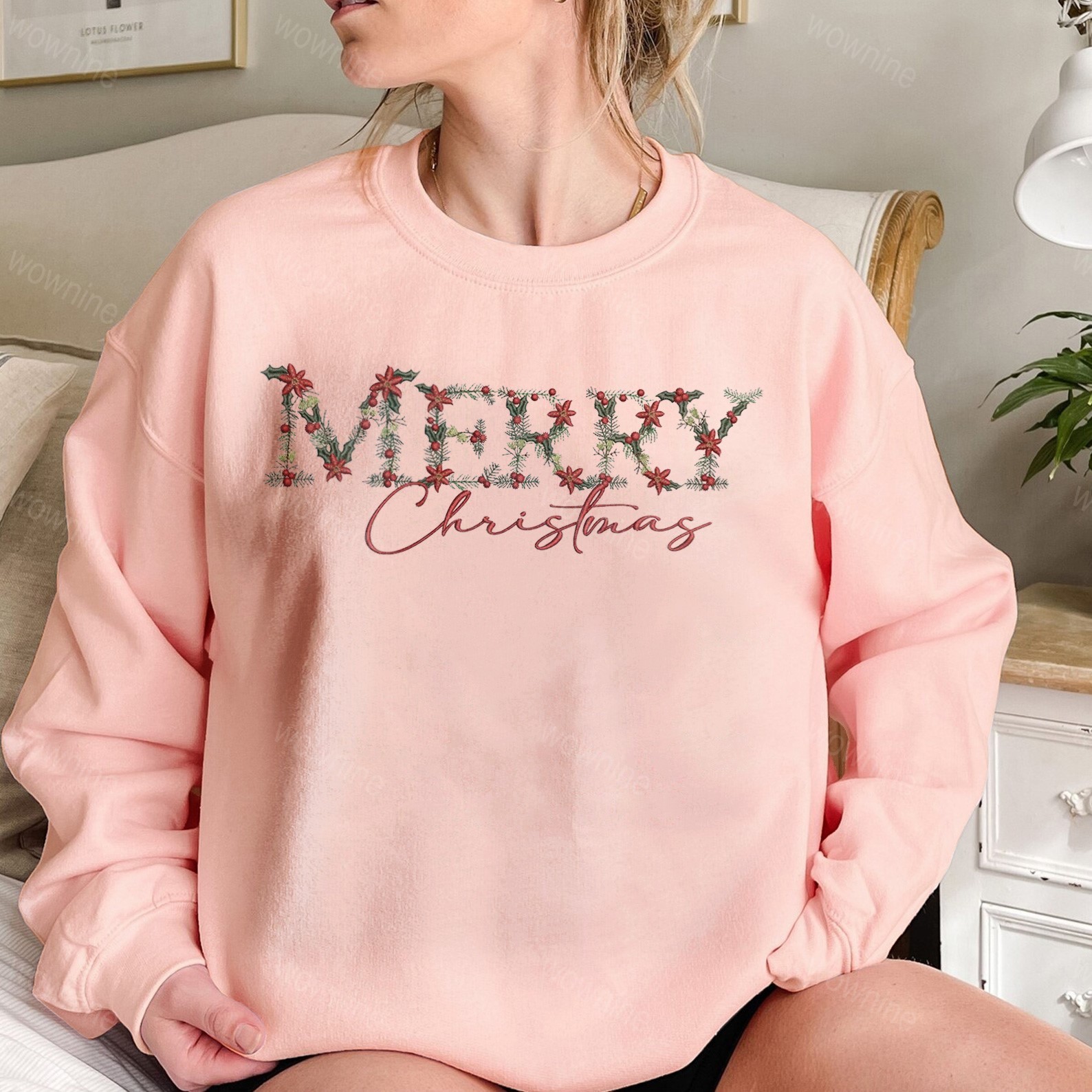 Embroidered Floral Merry Christmas Sweatshirt, Embroidered Christmas Crewneck Sweatshirt, Embroidered Floral Sweater