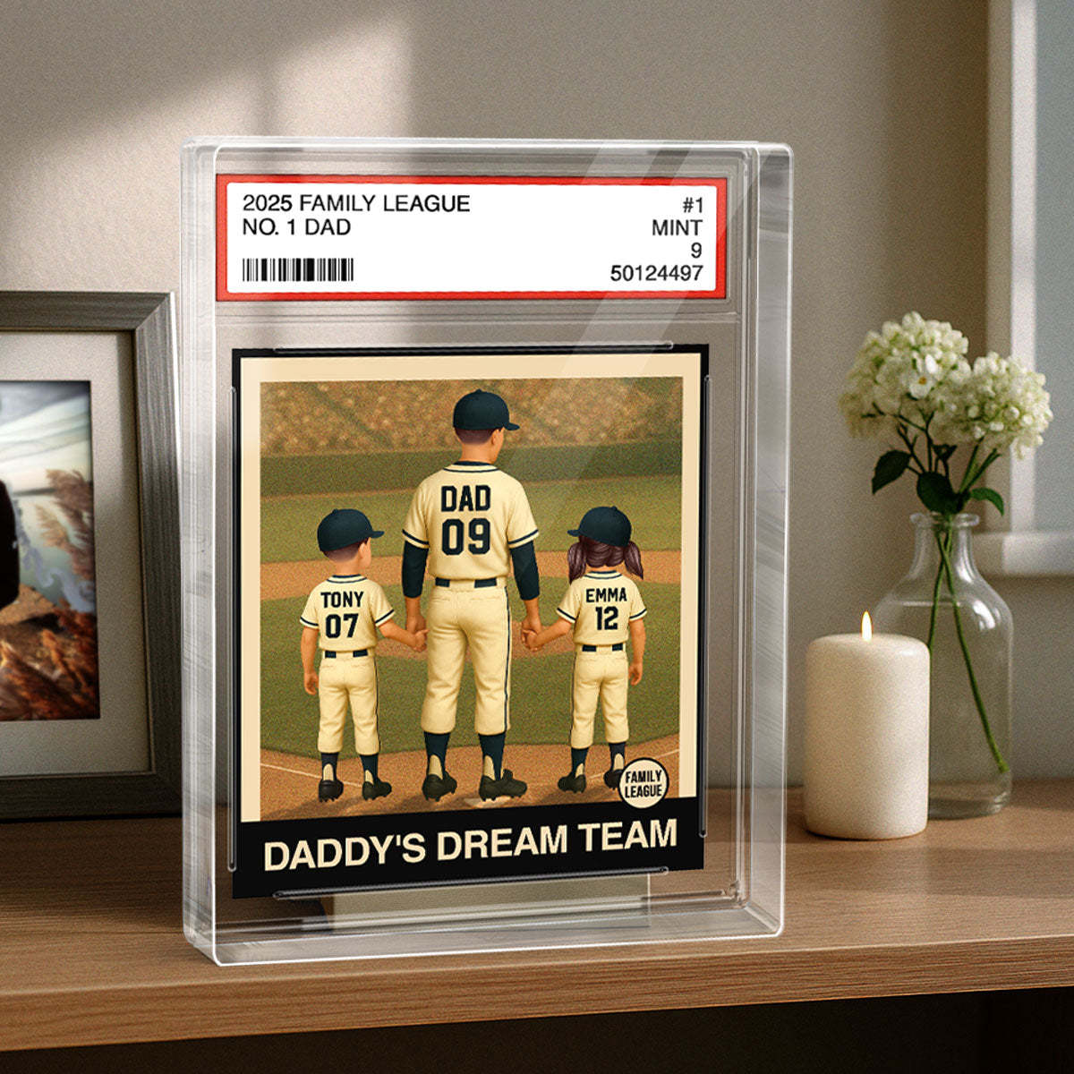 Baseball No. 1 Dad Grandpa Man & Kids Trading Card Style Personalized Acrylic Block Plaque