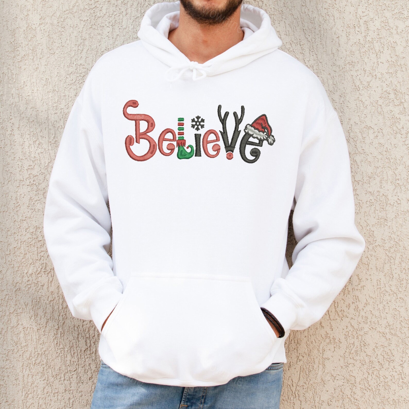 Christmas Sweatshirt Embroidered Believe Santa Cozy Holiday Crewneck Sweater