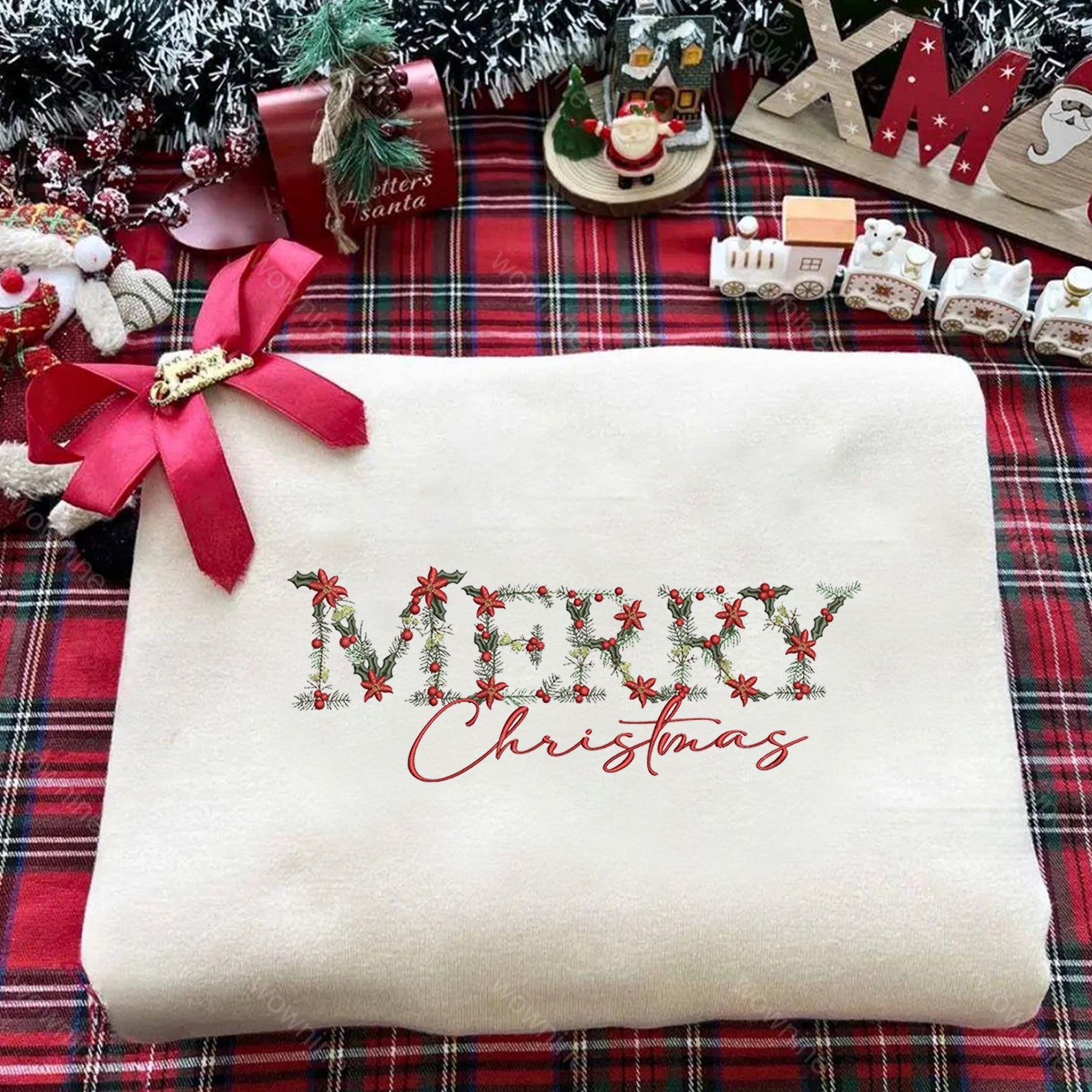 Embroidered Floral Merry Christmas Sweatshirt, Embroidered Christmas Crewneck Sweatshirt, Embroidered Floral Sweater