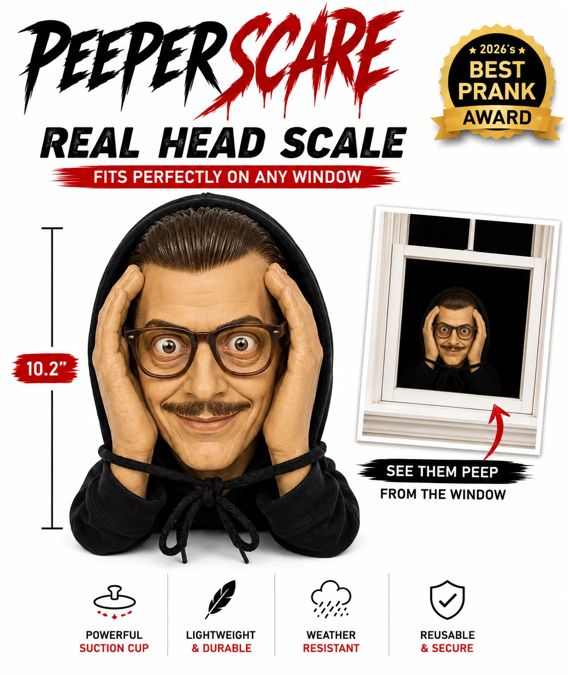 Peeper Scare Halloween Window Peeper – Real Head Scale Prank Prop
