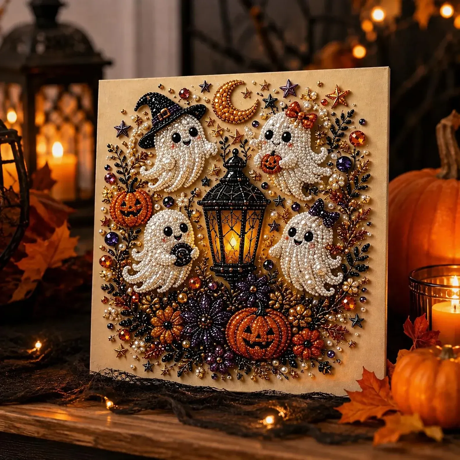 Ghosts and lantern pearl art displayed with Halloween decor