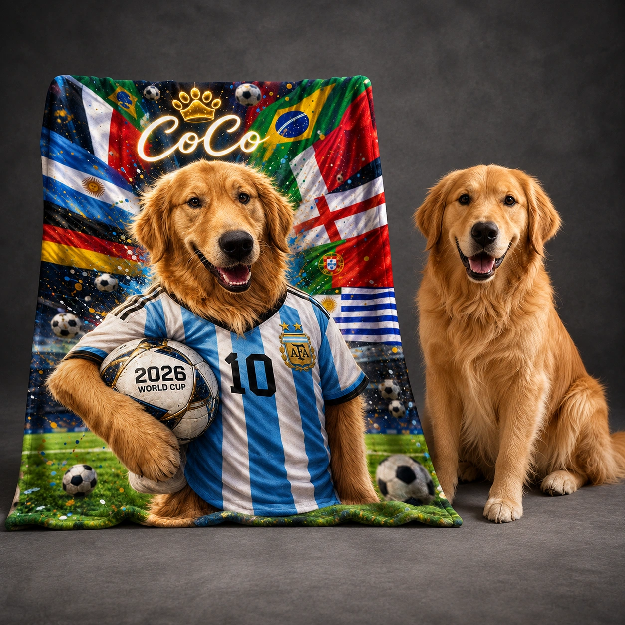 Custom Pet Portrait 2026 World Cup Football Printed Pet Name Team Blanket