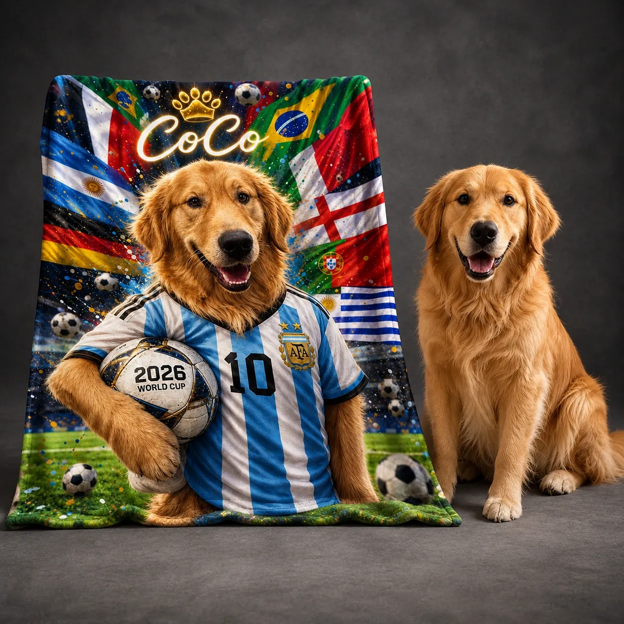 Custom Pet Portrait 2026 World Cup Football Printed Pet Name Team Blanket