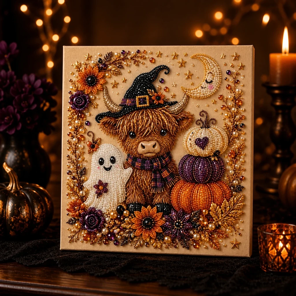 Framed Halloween Cow Witch, Ghost & Pumpkin Pearl Art DIY Kit