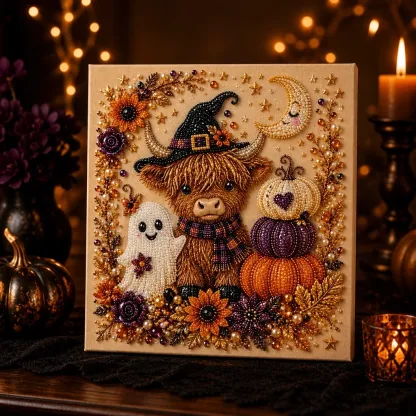 Framed Halloween Cow Witch, Ghost & Pumpkin Pearl Art DIY Kit