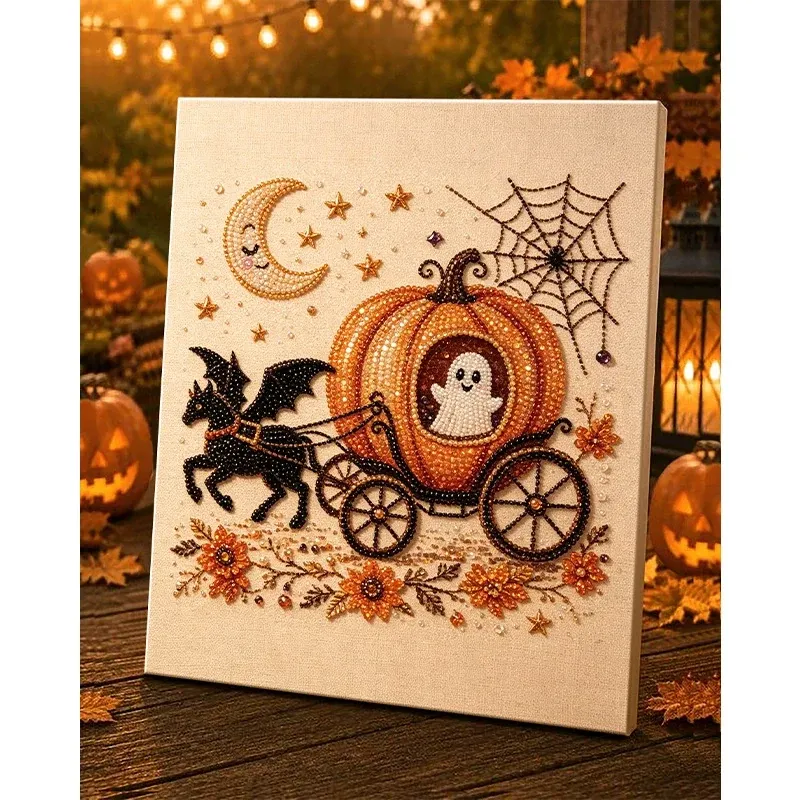 Framed Halloween Ghost Pumpkin Carriage Pearl Art DIY Kit