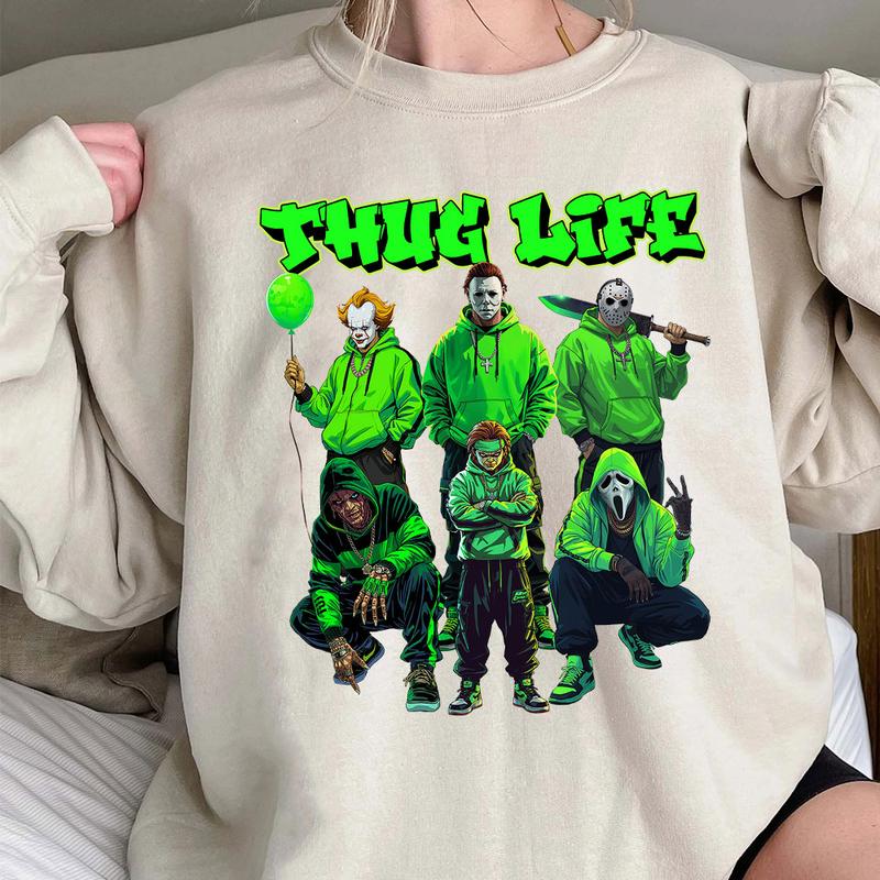 Thug Life Neon Green Horror Characters Streetwear - Crewneck Hoodie & T-Shirt