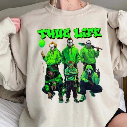 Thug Life Neon Green Horror Characters Streetwear - Crewneck Hoodie & T-Shirt