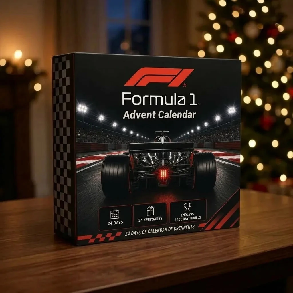 F1 Advent Calendar beside a Christmas tree