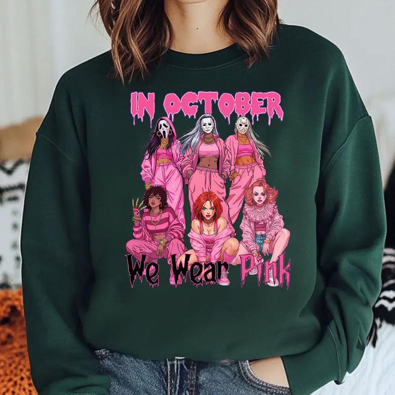 In October We Wear Pink Halloween Hoodie - Cute Horror Characters Graphic Tee & Crewneck