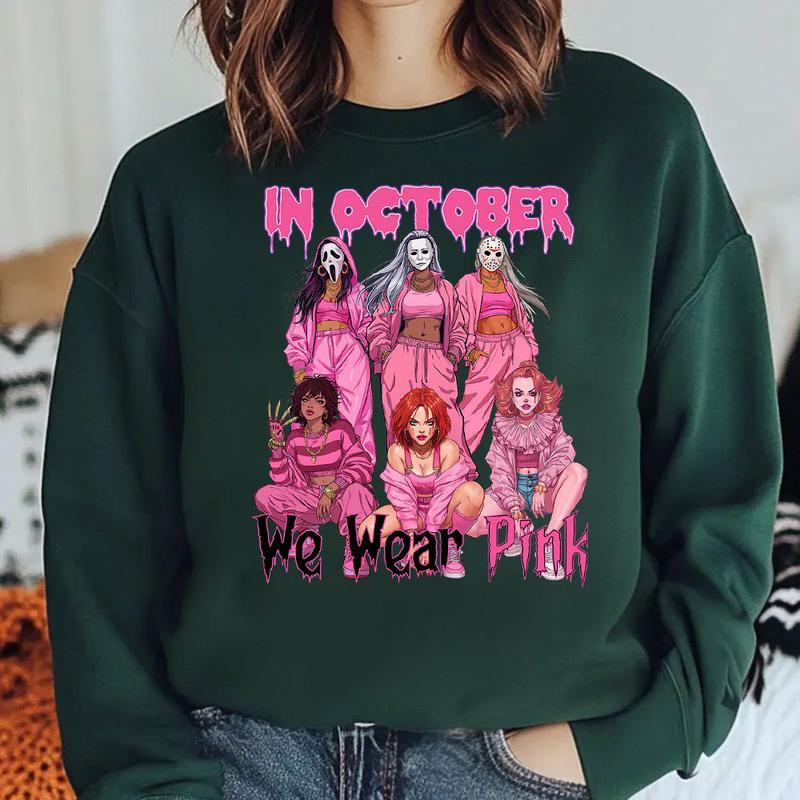 In October We Wear Pink Halloween Hoodie - Cute Horror Characters Graphic Tee & Crewneck