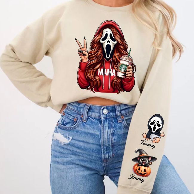 Custom Halloween Ghust Face MAMA Sweatshirt with Kid's Names/Pet's Names on the Sleeve