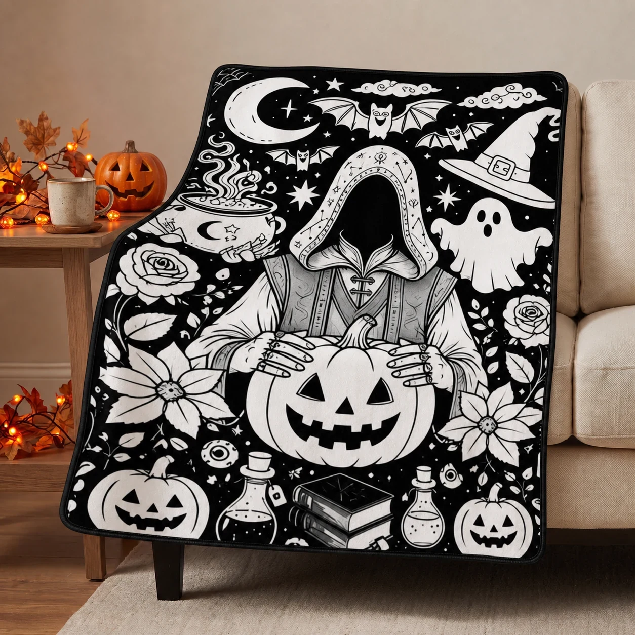 Halloween Coloring Blanket - Magic Mushroom Ghost