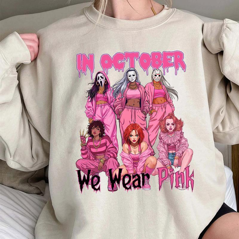 In October We Wear Pink Halloween Hoodie - Cute Horror Characters Graphic Tee & Crewneck