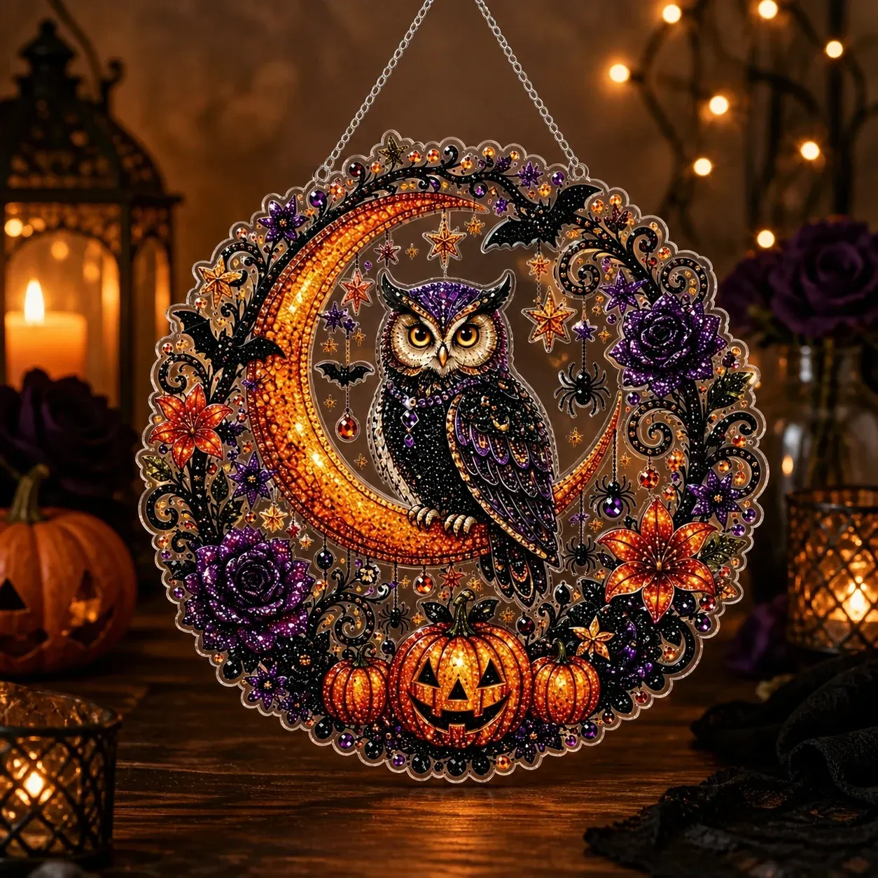 Halloween Round Pearl Art Hanging Kit - Owl Moon & Pumpkins