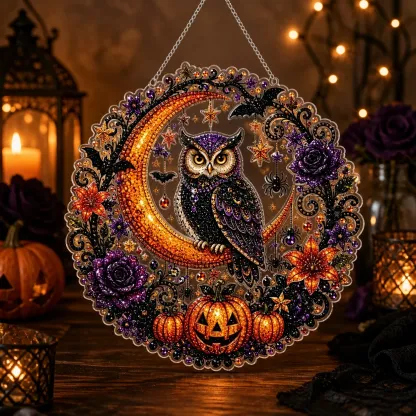 Halloween Round Pearl Art Hanging Kit - Owl Moon & Pumpkins