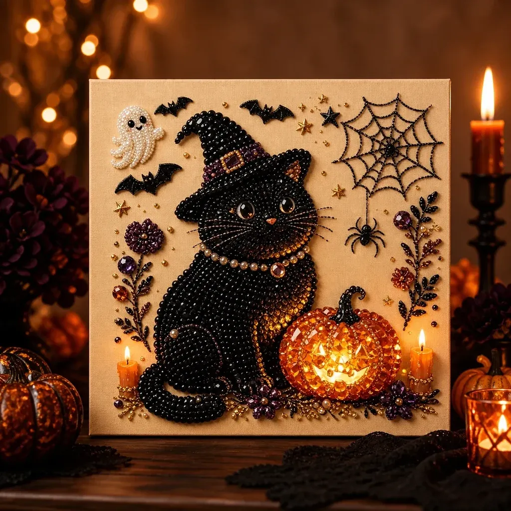 Framed Halloween Black Cat & Pumpkin Pearl Art DIY Kit