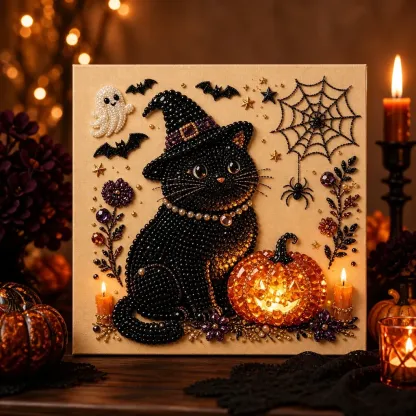 Framed Halloween Black Cat & Pumpkin Pearl Art DIY Kit